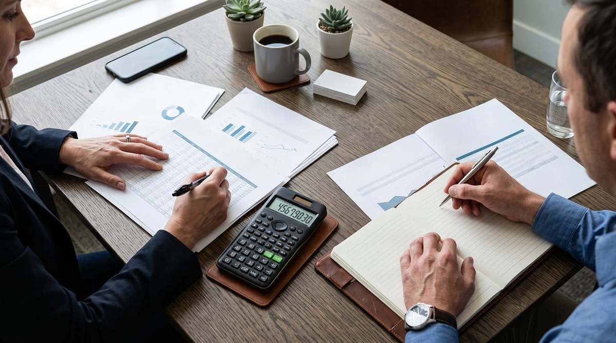 Deux personnes travaillent ensemble sur des documents, un calculateur et un stylo