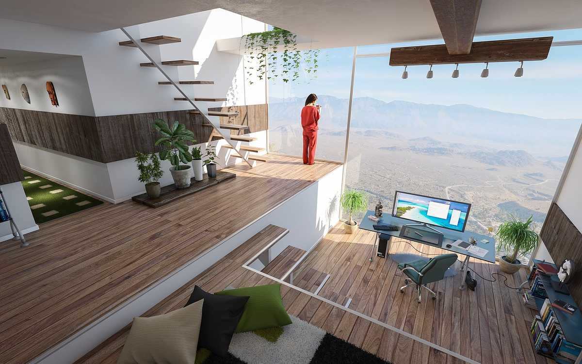 intérieur moderne avec vue panoramique, personne en rouge, bureau
